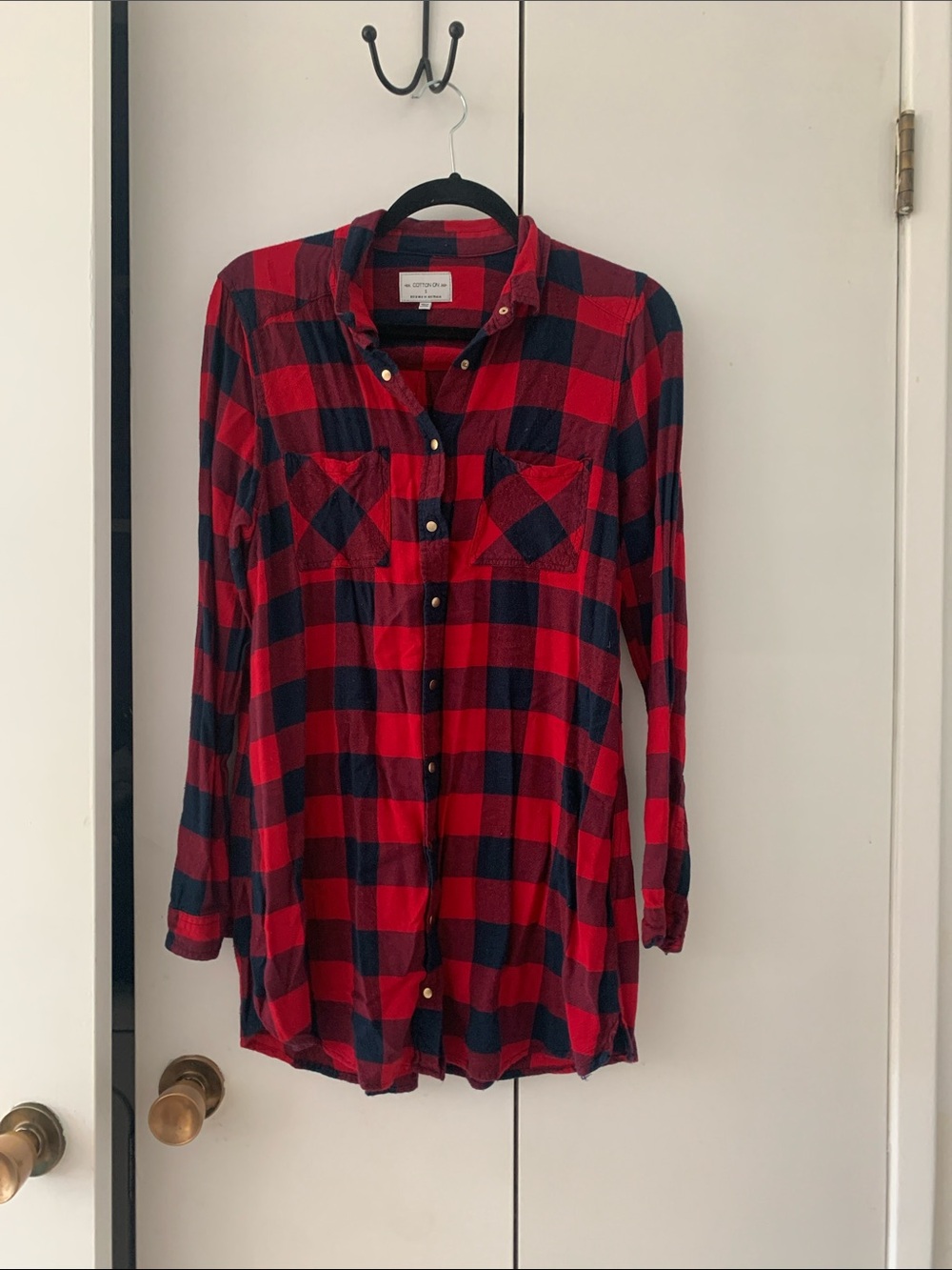 Cotton On Red and Black Plaid Button-Down LONG Shirt